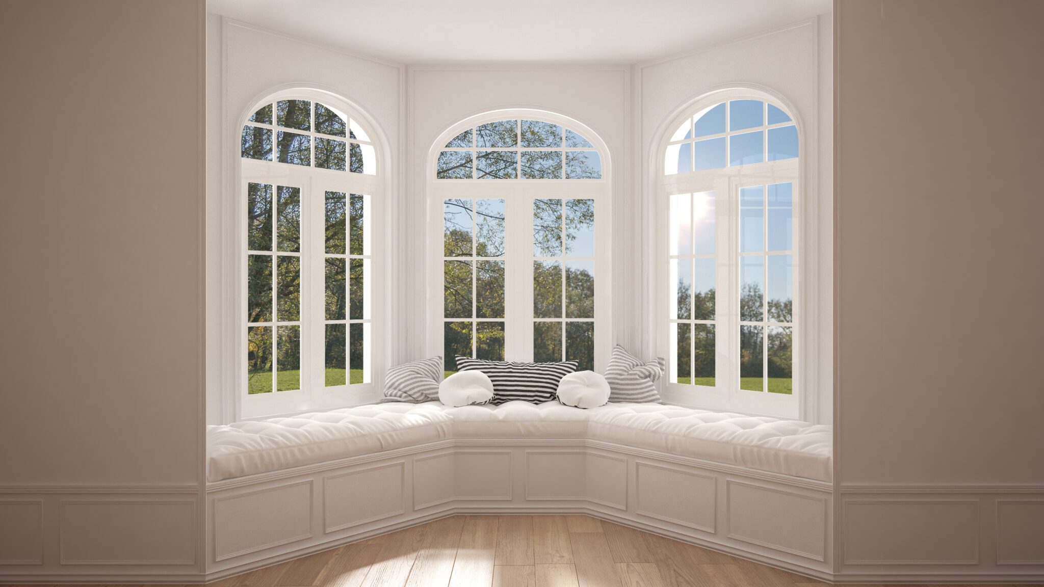 Bay window round white frames and seat
