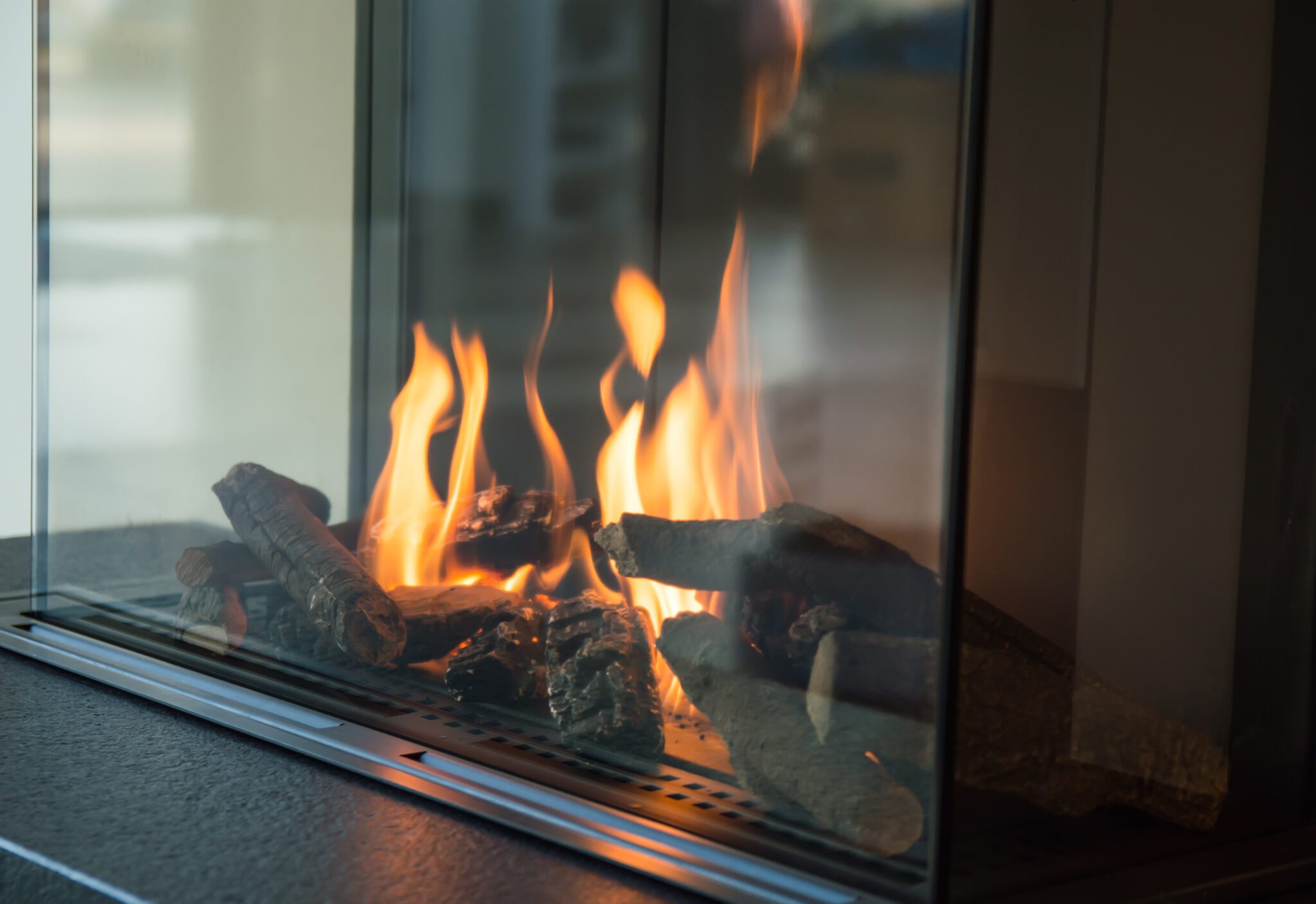 Closeup of fire with glass screen