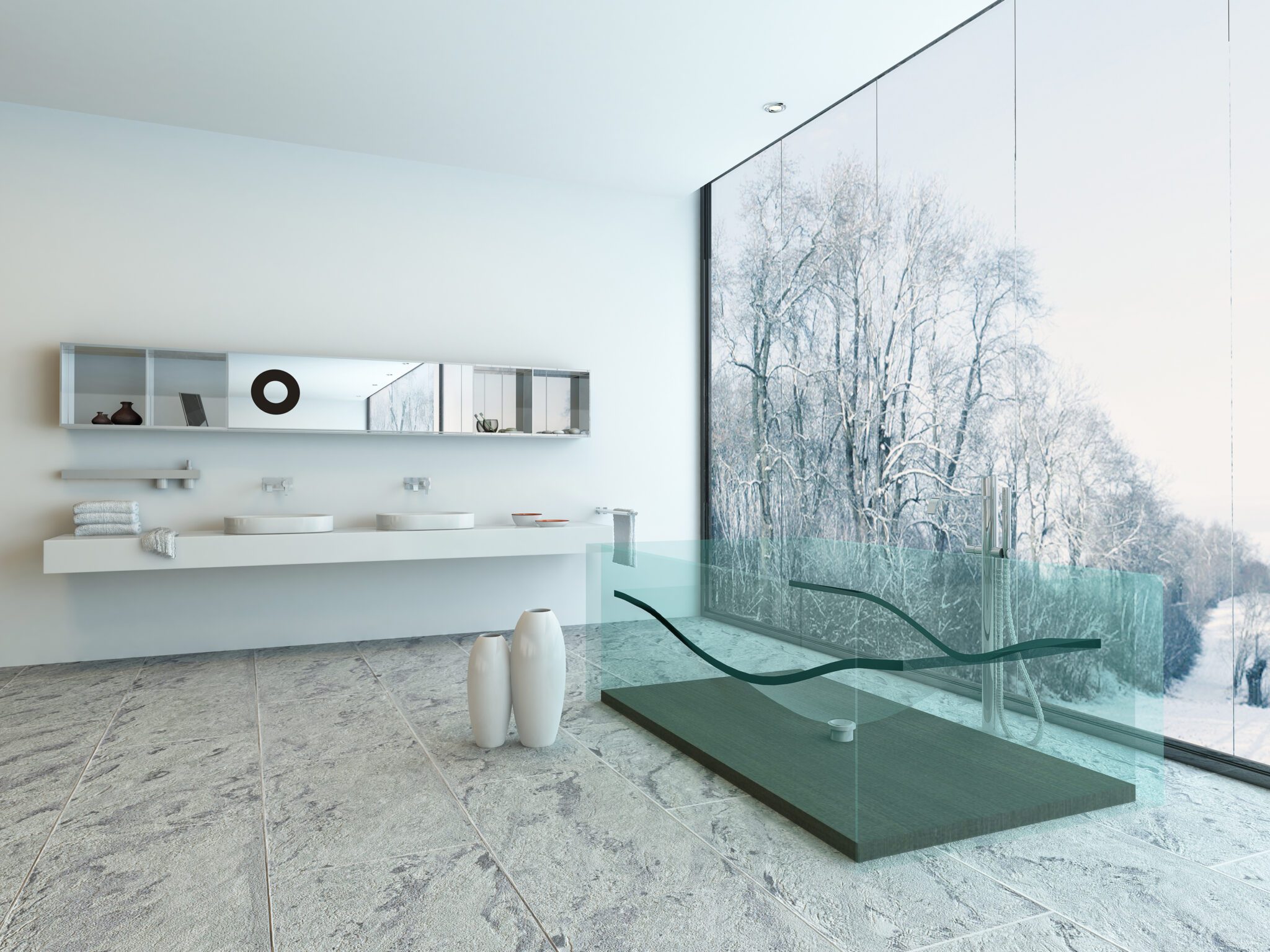 Glass bathtub in modern bathroom