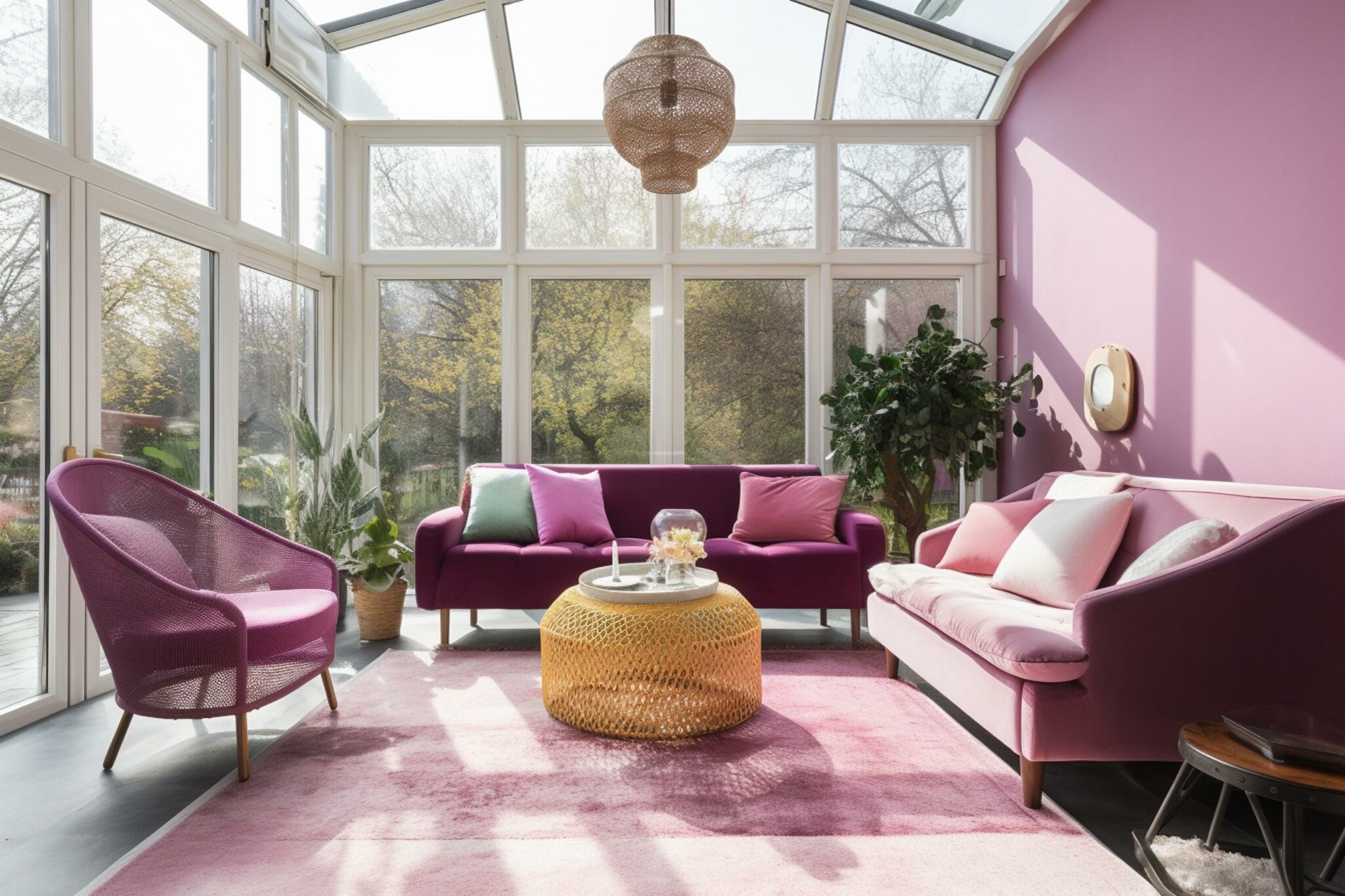 Lavender sunroom with large windows and solarium ceiling