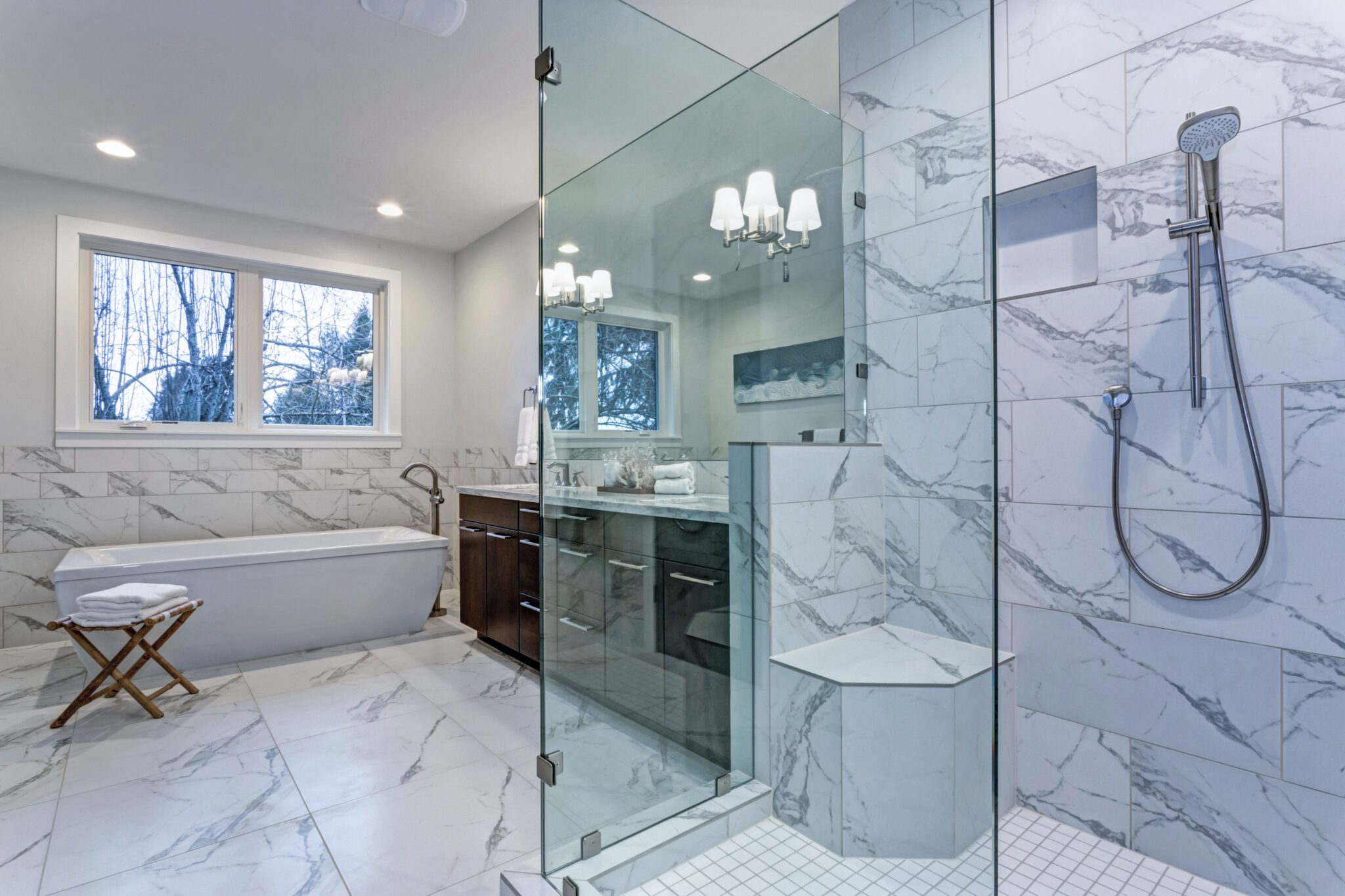 Marble white bathroom with walk in shower glass