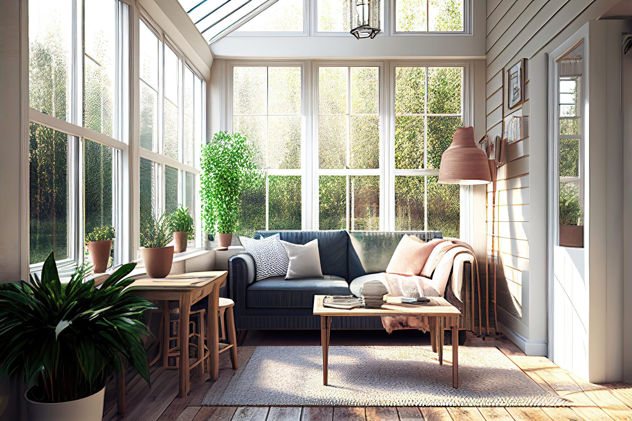 Sunroom with paned windows, coffee table, and blue sofa