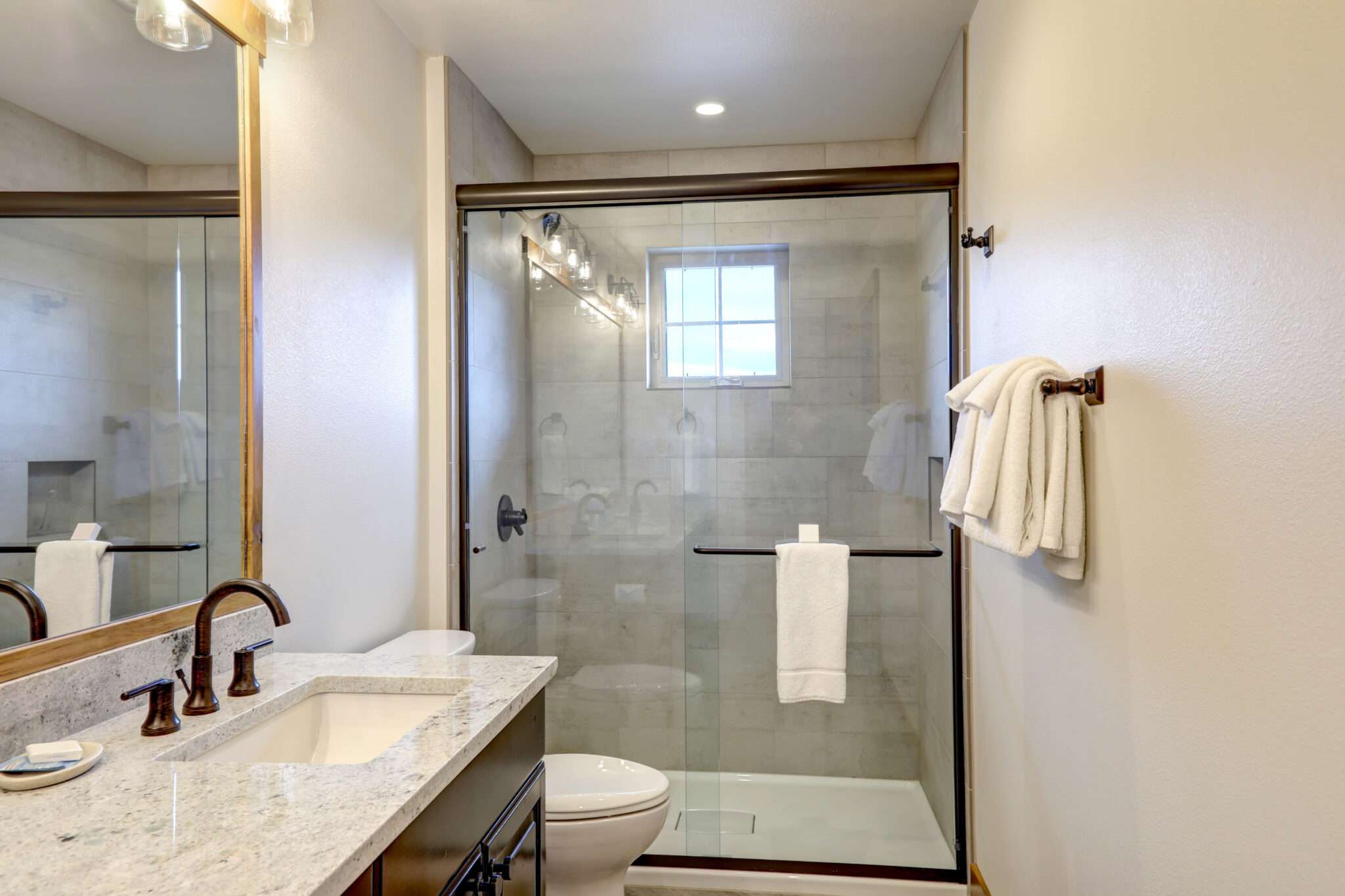 Glass shower door enclosure with dark frame