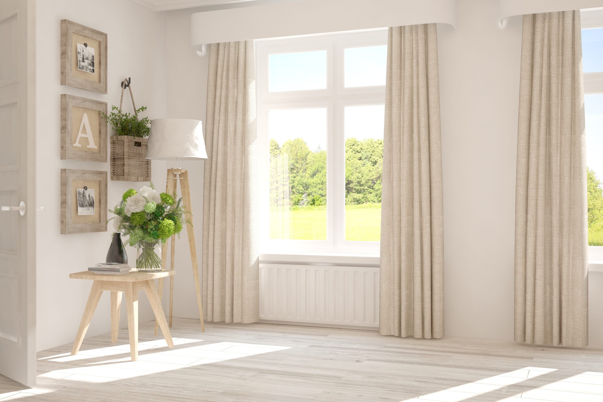 Windows in white interior with trees outside