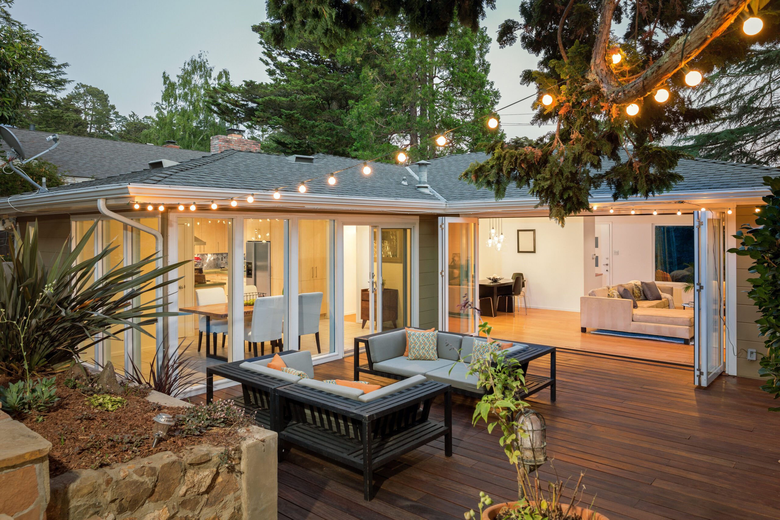 Wood patio with sliding and folding patio doors